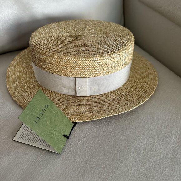 NEW GUCCI RAFFIA Wide-Brimmed Hat Straw White How GG Sz M Logo 100% Authentic - Picture 9 of 9